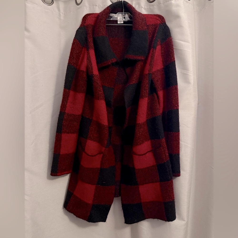 Red and Black Plaid Knit Cardigan